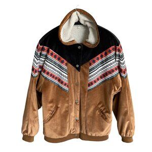 Velvet Jacket Button Up Brown Black Aztec Sherpa Boxy Fleece Women's Size Small